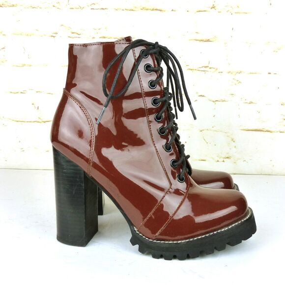 Jeffrey Campbell Legion Boot Women 8M Red Patent Leather Heel Lace Zip Lug Ankle - Picture 3 of 14